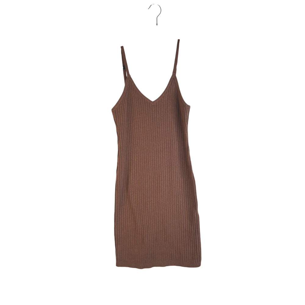 7 For All Mankind Women's Brown Ribbed Knit V-Neck Bodycon Sweater Mini‎ Dress M